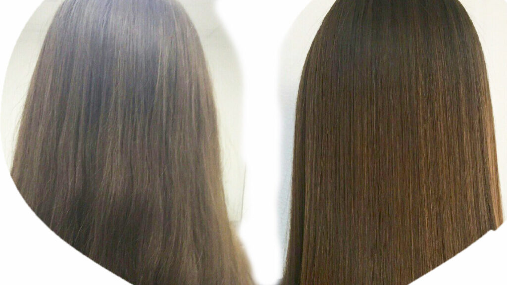 Кератиновое выпрямление волос: Слева фото "ДО", Справа "После"