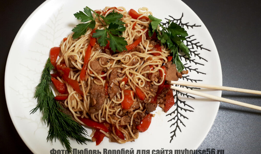 спагетти с мясом овощами соевым соусом