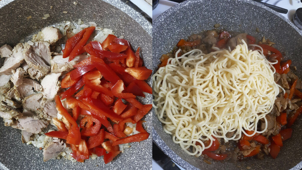 приготовление спагетти с перцем и мясом в соевом соусе
